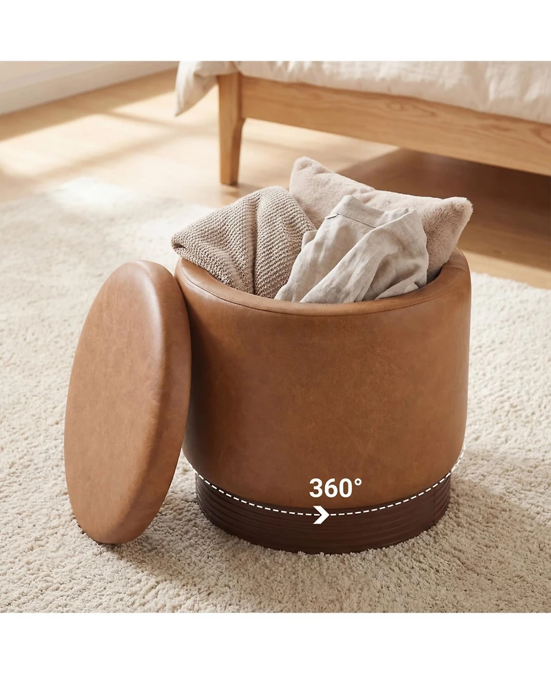 Slickblue Round Ottoman with Hidden Storage and Acacia Wood Frame for Living Room