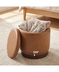 Slickblue Round Ottoman with Hidden Storage and Acacia Wood Frame for Living Room