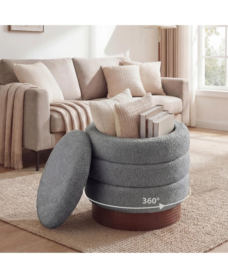 Slickblue Living Room Round Storage Ottoman with Wood Frame and Hidden