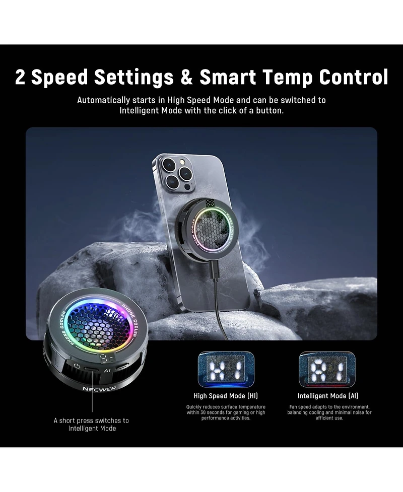 Neewer PA069 Magnetic Phone Cooler with Rgb for select iPhone and Android mobile devices