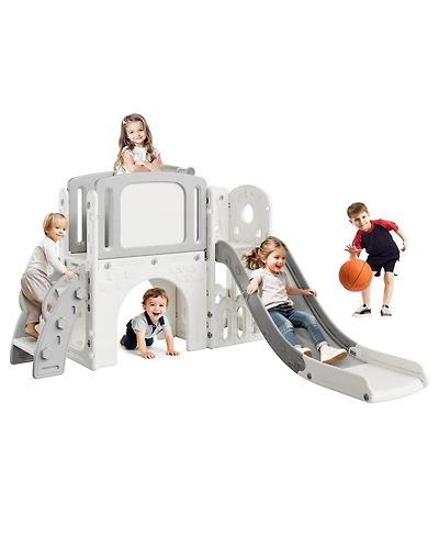 homfan 8 in 1 Toddler Play Tunnel and Climber Set, Indoor Outdoor Playground with Slide and Basketball Hoop for Kids