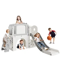 homfan 8 in 1 Toddler Play Tunnel and Climber Set, Indoor Outdoor Playground with Slide and Basketball Hoop for Kids