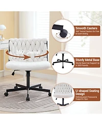homfan Home Office Desk Chair with Wheels, Wide Seat Criss-Cross Armless Swivel Makeup Vanity Chair, Modern Cross-Legged Task Chair, Beige