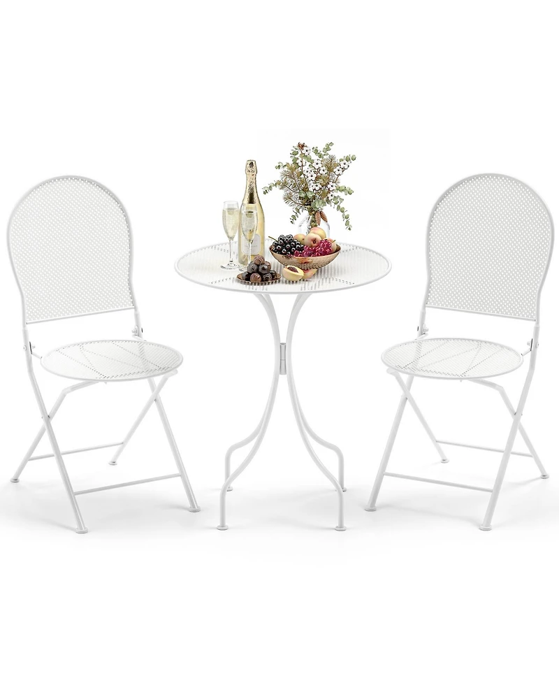 Gymax 3 Piece Patio Set w/ Rattan-like Pattern Metal Patio Folding Bistro Set for 2