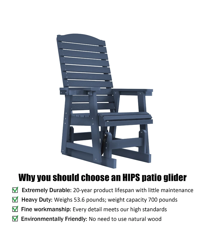 Mega Casa Poly Lumber Patio Glider for One Person, with Cup Holders, High Backrest and Deep Contoured Seat, Hips Material, All-Weather Resistant