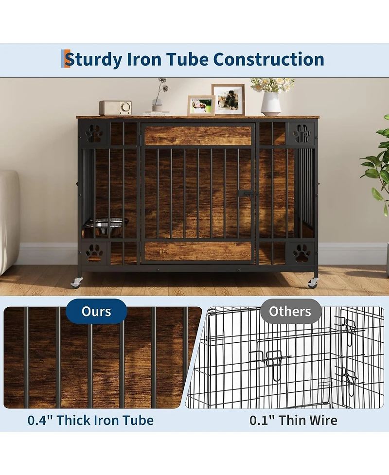 homfan 41 Dog Crate Furniture with Triple Doors and Feeder – Indoor Pet Kennel with 2 Bowls, Lockable Wheels, Bolt-Latch Doors
