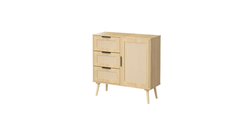 Flynama Modern Rattan Wood Dresser 3 Drawer Storage Cabinet with Adjustable Shelf Anti Tip