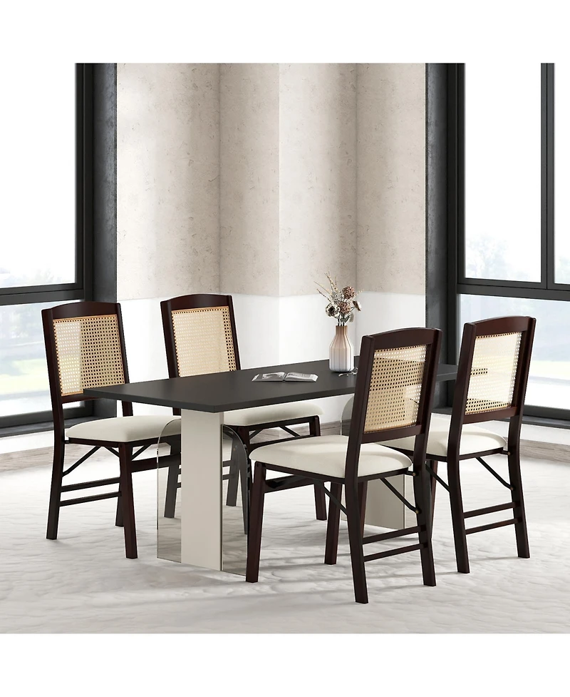 Costway Folding Dining Chairs with Linen Padded Seat and Rattan Backrest for Kitchen