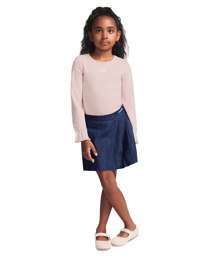 Calvin Klein Girls' 2T-6X Long-Sleeve Top and Denim Skort, 2-Piece Set