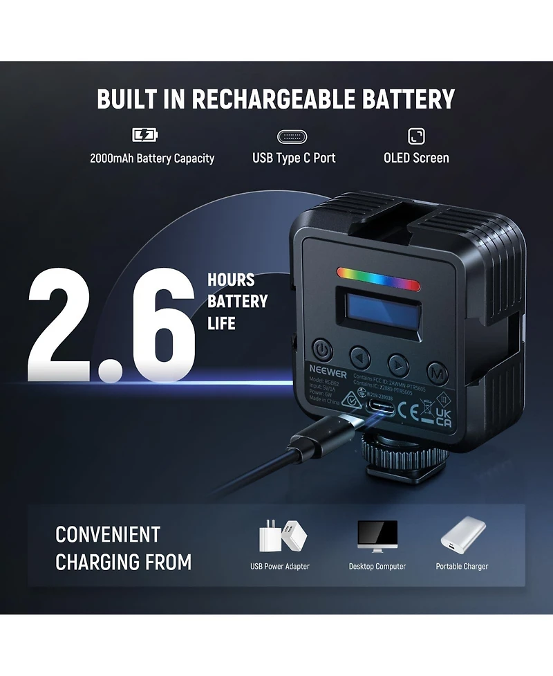 Neewer RGB62 Led Video Light with 2000mAh, 2500K-8500K, CRI97