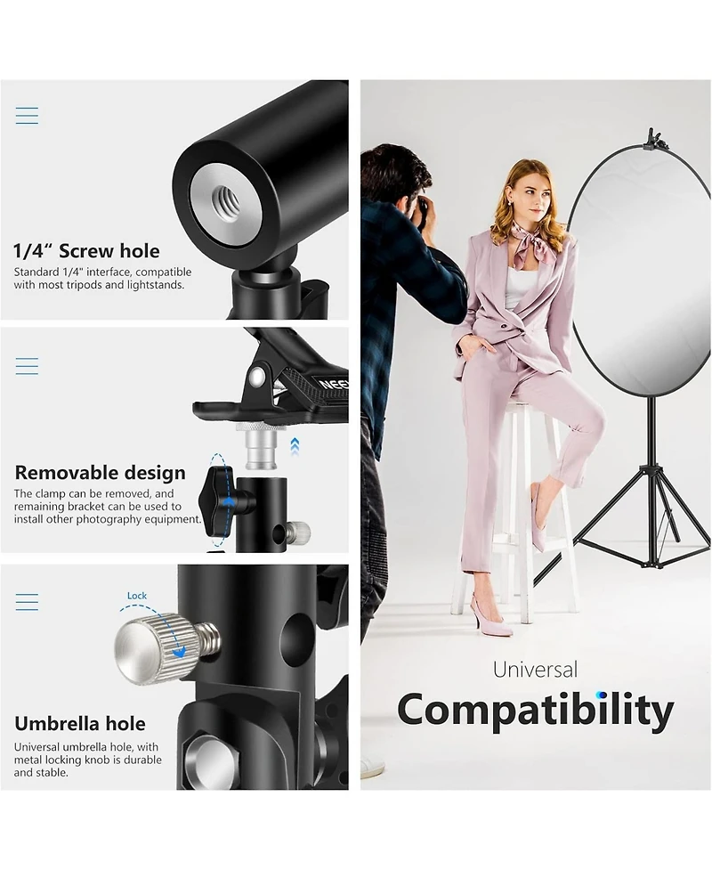 Neewer 3 Pcs Photo Studio Heavy Duty Metal Clamp Holder with 5/8" Light Stand Attachment for Reflector