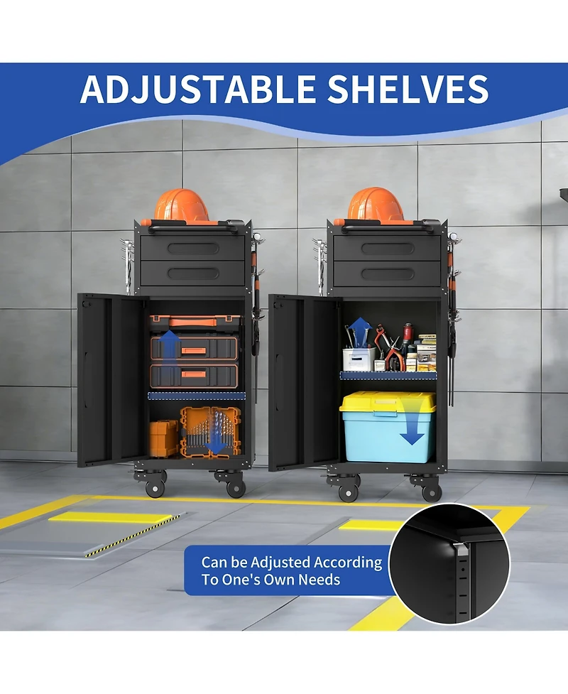 Viyet 34" Slim Rolling Tool Cabinet - Space-Saving Narrow Storage with Lockable Door and 2 Drawers