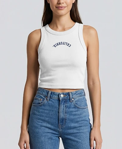Uscape Apparel Women's White Cal Bears Upside Down Embroidery Ribbed Cropped Tank Top