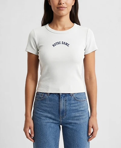 Uscape Apparel Women's White Notre Dame Fighting Irish Upside Down Embroidery Ribbed Cropped T-Shirt