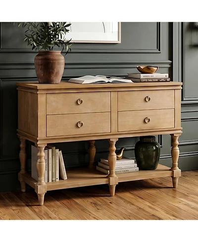 Rainsken 42" Vintage Console Table, with 4 Soft Close Drawers, Solid Wood Frame, Farmhouse Entryway Sofa Table, for Living Room Hallway Bedroom
