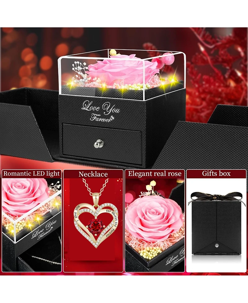 Lovery 5-Piece Preserved Rose with Led Lights Double Heart Necklace and Acrylic Box Gift Set
