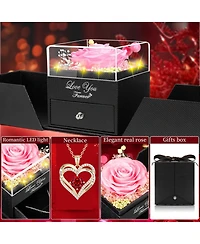 Lovery 5-Piece Preserved Rose with Led Lights Double Heart Necklace and Acrylic Box Gift Set