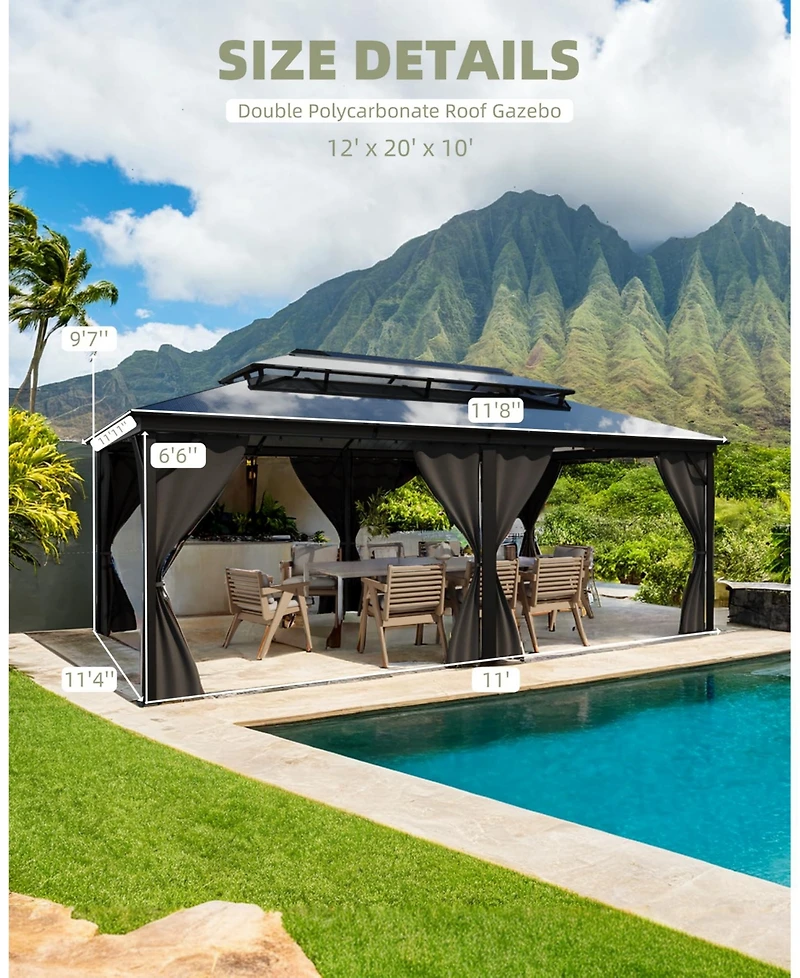homfan 12 x 20 Ft Hardtop Gazebo with Double Roof and Aluminum Alloy Frame and Pc Panels for Patio, Deck, Backyard, Lawn, and Garden