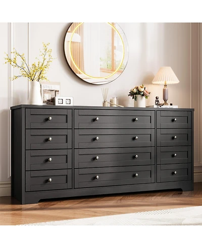 homfan Modern 12-Drawer Sturdy Wood Dresser for Bedroom, 63" Wide Chest of Drawers and Tv Stand, Deep Storage Cabinet, Ideal for Living Room, Hallway