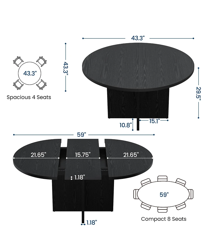 homfan Extendable Round Dining Table, Space Saving Modern Kitchen Table with Removable Extension Leaf and Cross Wood Base, for Room
