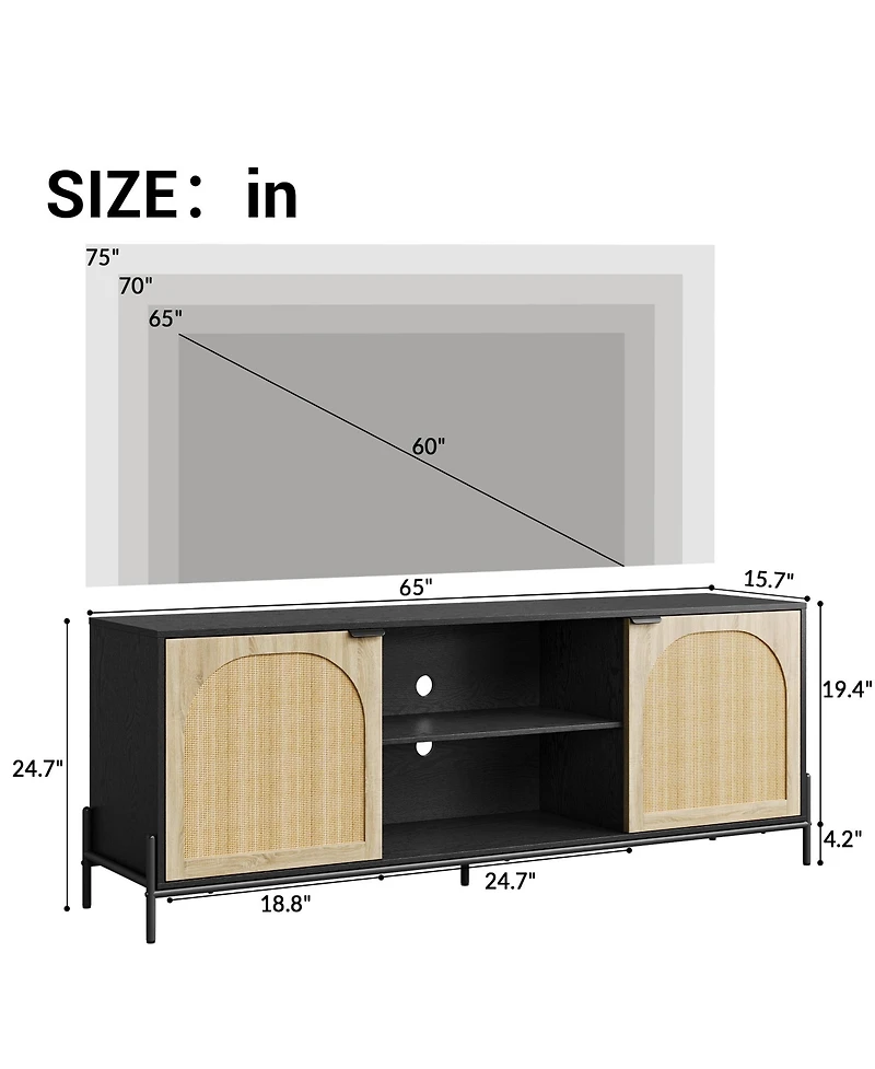 homfan Rattan Door Tv Stand Media Console with Adjustable Shelving Open Storage and Cable Management Stable Leveling Feet, Modern Entertainment Center