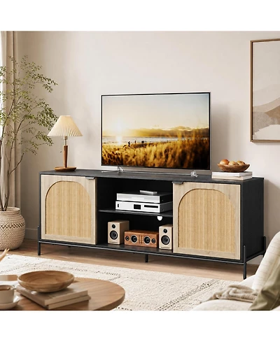 homfan Rattan Door Tv Stand Media Console with Adjustable Shelving Open Storage and Cable Management Stable Leveling Feet, Modern Entertainment Center