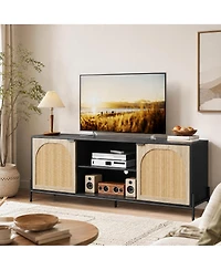 homfan Rattan Door Tv Stand Media Console with Adjustable Shelving Open Storage and Cable Management Stable Leveling Feet, Modern Entertainment Center