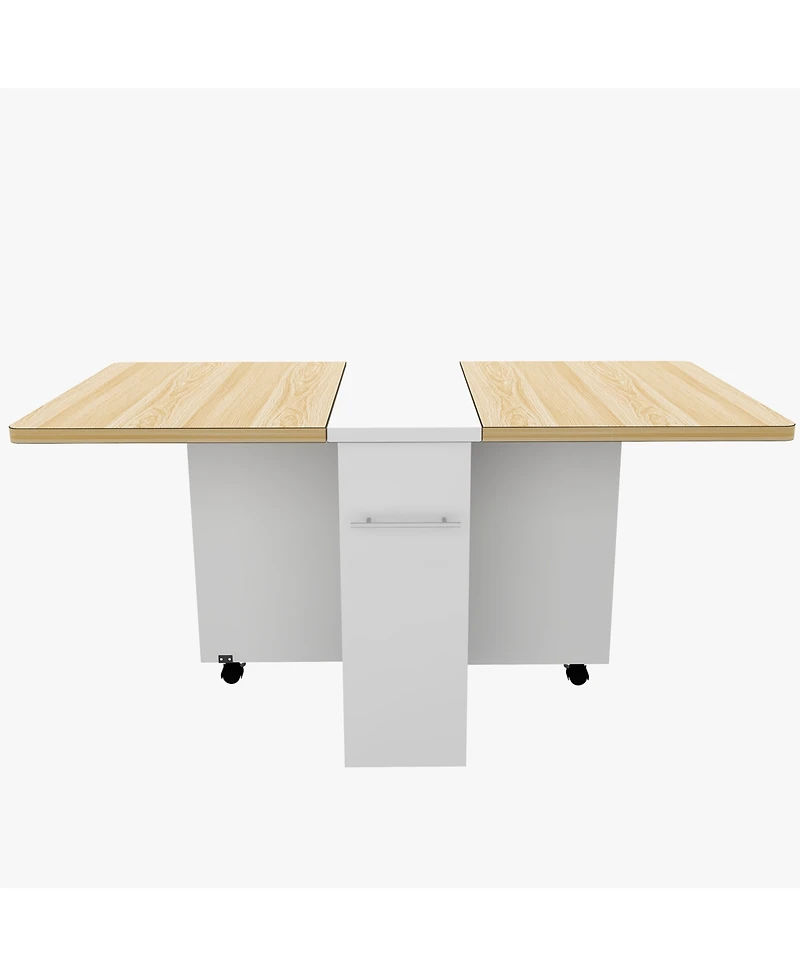 homfan Folding Drop Leaf Dining Table with 2-Tier Storage, 6 Wheels, Space-Saving Kitchen Table for Dining Room and Home Office
