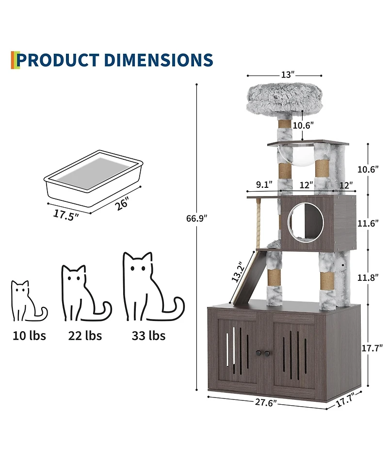 homfan Cat Tree, 66.9-Inch Cat Tower with Litter Box Enclosure, Features Hammock and Washable Cushions, Multi-Level Cat Furniture for Indoor Cats