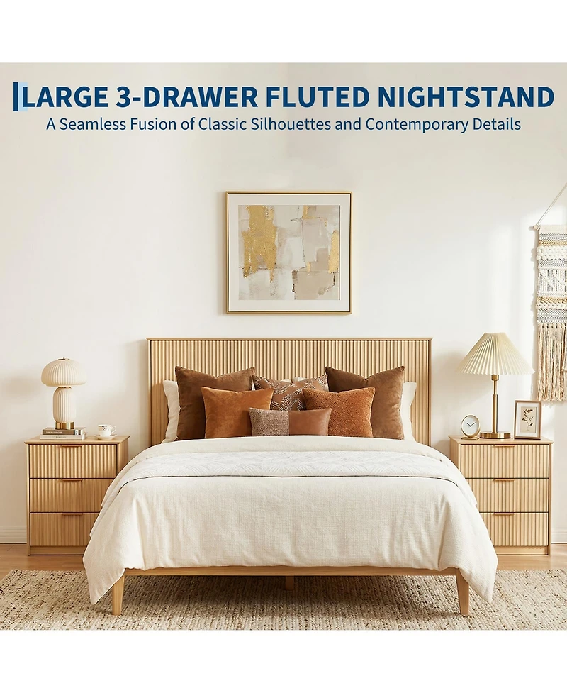 homfan Modern Fluted Bedside Table with Usb and Power Outlets, Wave Textured 3-Drawer Wooden Bedside Cabinet, Compact Dresser for Bedroom, Living Room