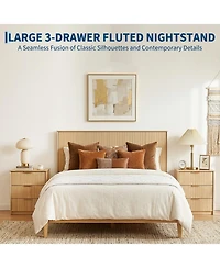 homfan Modern Fluted Bedside Table with Usb and Power Outlets, Wave Textured 3-Drawer Wooden Bedside Cabinet, Compact Dresser for Bedroom, Living Room