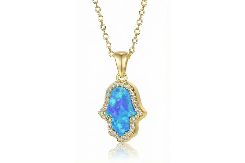Rachel Glauber 14K Gold Plated Sparkling Hamsa Opal and Cz Halo Necklace
