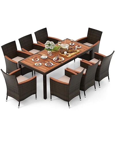 Gymax 9 Piece Wicker Dining Set Acacia Wood Table Top Umbrella Hole Cushions Chairs Patio