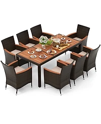 Gymax 9 Piece Wicker Dining Set Acacia Wood Table Top Umbrella Hole Cushions Chairs Patio