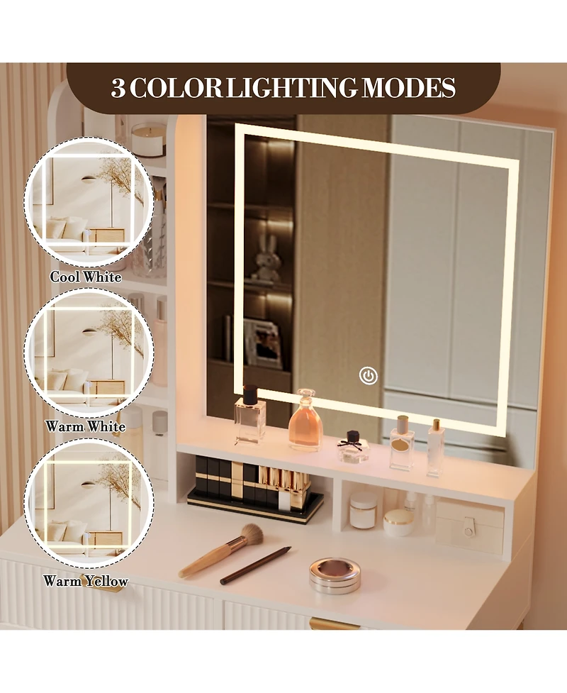 40.5"W Wave Board Dressing Table with Engineered Wood Top and Metal Frame, Makeup Vanity Table for Bedroom Vanity Space, White/Gold