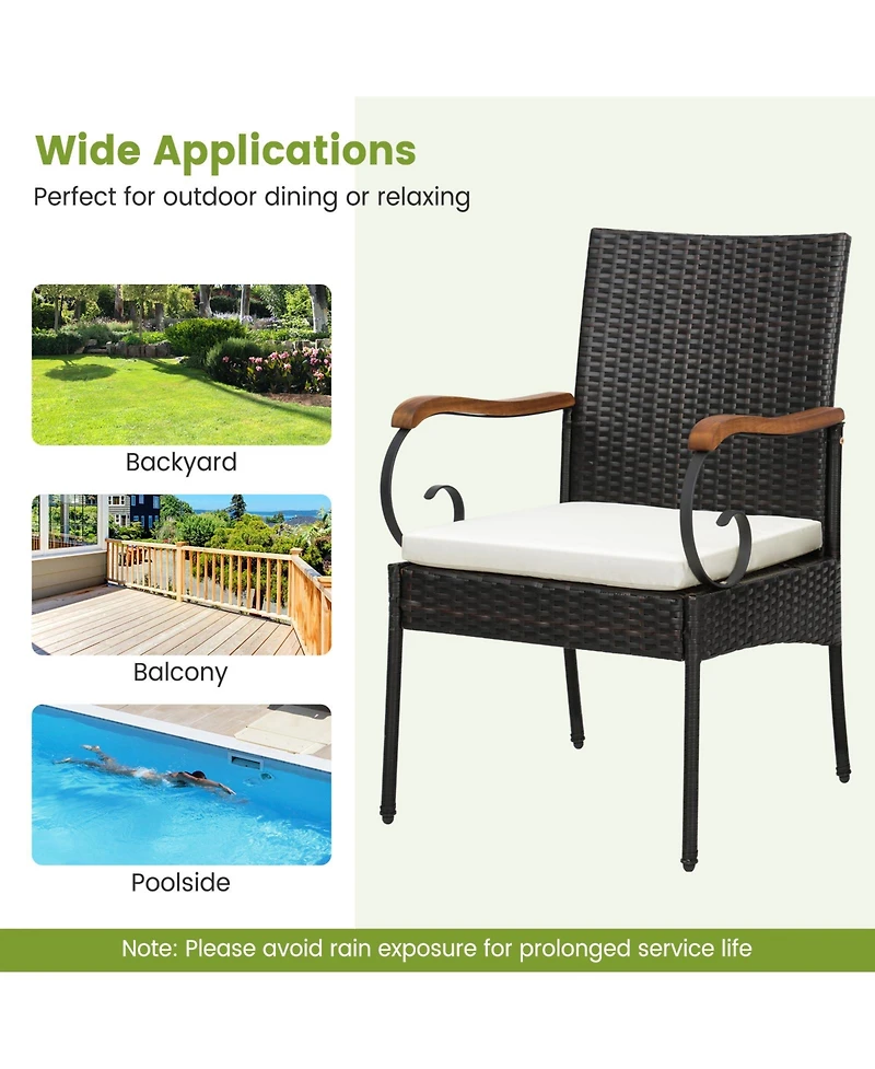 Gymax 5 piece Wicker Dining Set Cushion Armchairs Acacia Wood Table with Umbrella Hole Patio