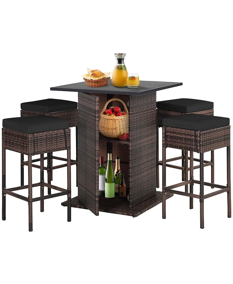 Gymax 5 Piece Patio Rattan Bar Table Stool Set Hidden Storage Shelf Cushion Patio
