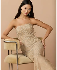 Mac Duggal Petite Beaded Mermaid Gown with 3D Flowers