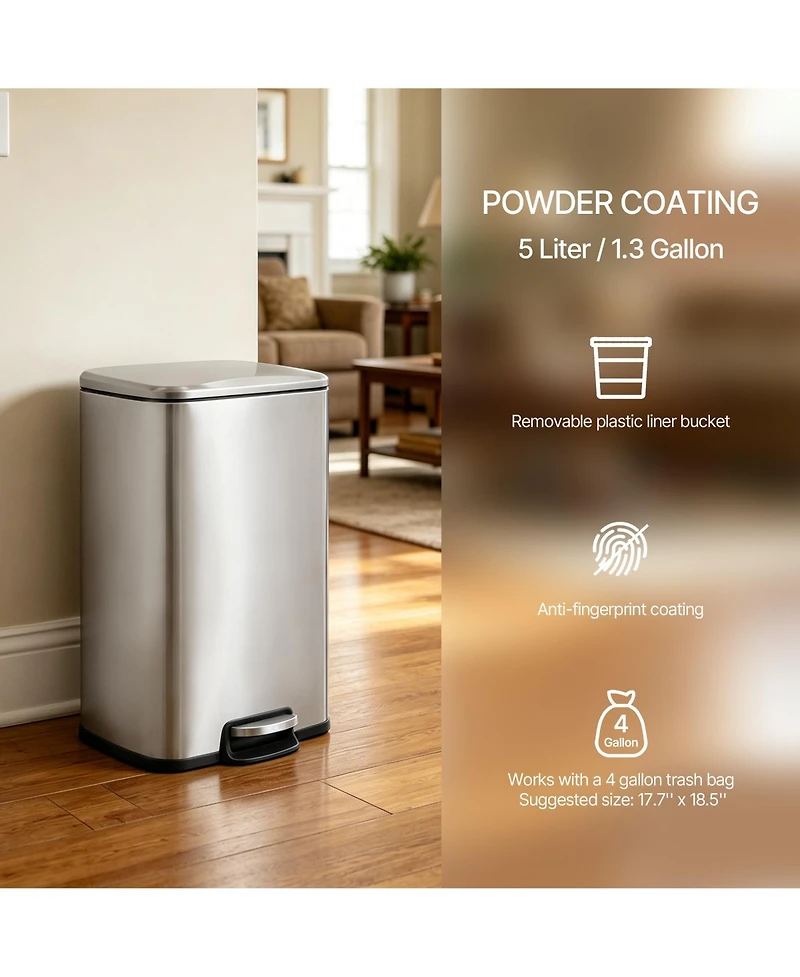 1.3 Gal./5 Liter Rectangular Stainless Steel Step-on Trash Can for Bathroom and Office