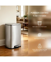 1.3 Gal./5 Liter Rectangular Stainless Steel Step-on Trash Can for Bathroom and Office