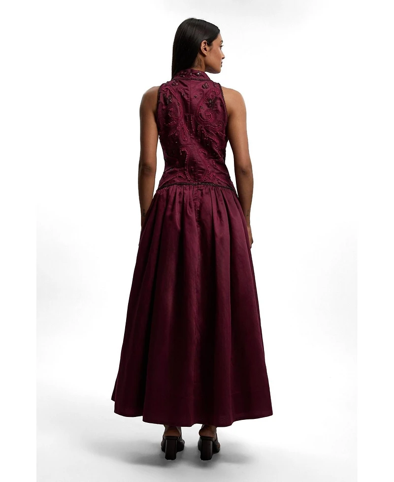Karen Millen Taffeta High Neck Fit and Flare Dress