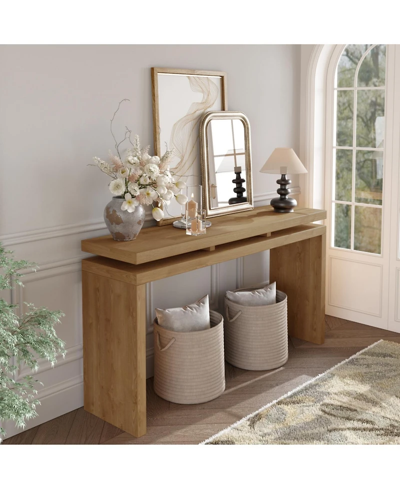 Rainsken 60" Antique Farmhouse Console Table, with Double Board Suspension Design, Solid Wood Sofa for Hallway Living Room