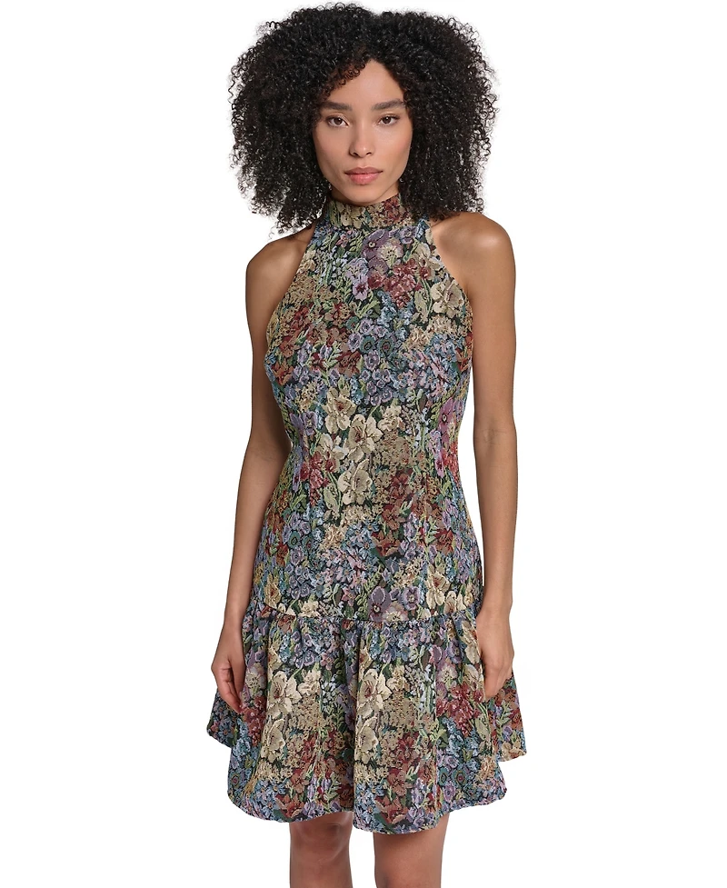 Karl Lagerfeld Paris Women's Floral Tapestry Drop-Waist Fit & Flare Dress