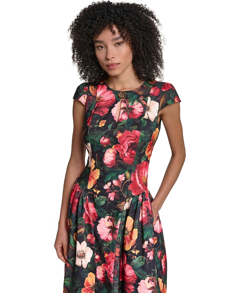 Karl Lagerfeld Paris Women's Floral Print Jacquard Fit & Flare Midi Dress