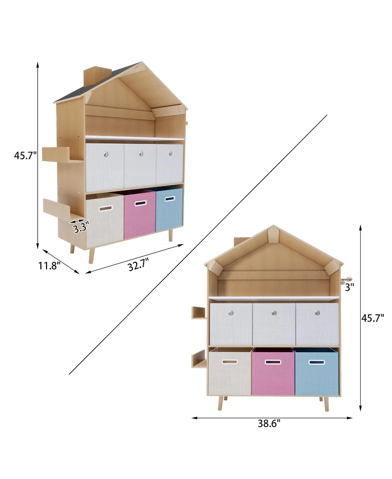 Mega Casa House-Style Kids Storage Cabinet, Multi-Bin Toy Organizer and Book Display Bookcase for Playrooms & Bedrooms
