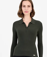 T Tahari Women's Long-Sleeve Ribbed Polo Sweater
