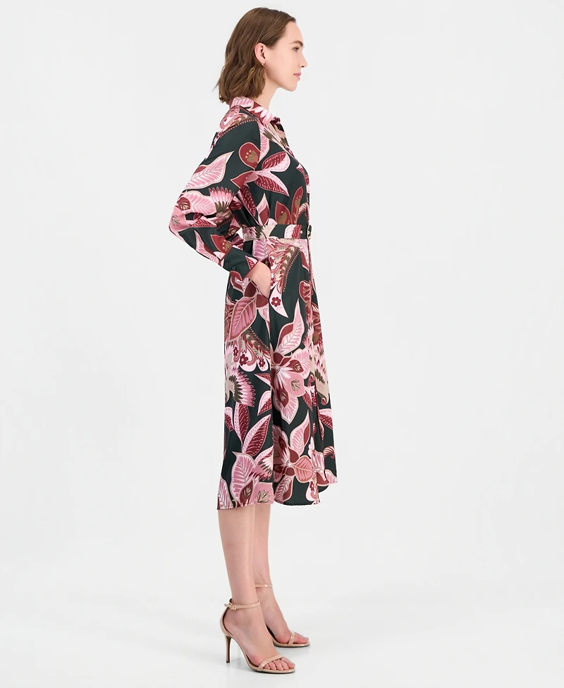 T Tahari Women's Floral Long-Sleeve Fit-and-Flare Midi Dress
