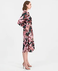 T Tahari Women's Floral Long-Sleeve Fit-and-Flare Midi Dress