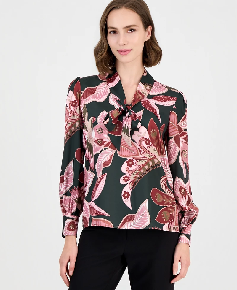 T Tahari Women's Long-Sleeve V-Neck Bow Tie Floral-Print Blouse