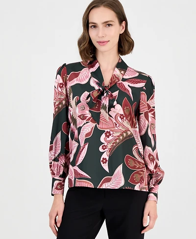 T Tahari Women's Long-Sleeve V-Neck Bow Tie Floral-Print Blouse